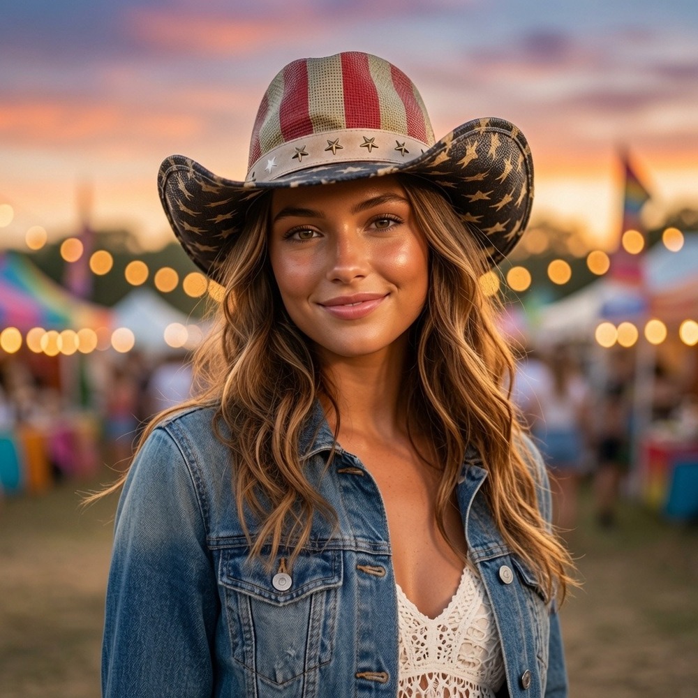 Peter Grimm American Flag Straw Cowboy Hat Stars Stripes Patriotic Western OS